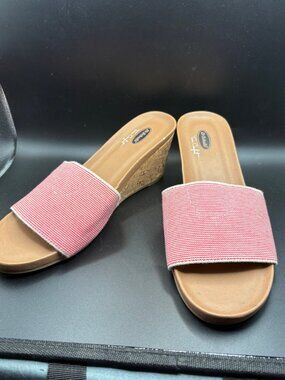 Dr Scholls Comfort Cork Wedge Slides Red Stripe Sandals Womens 6.5 Summer Platfo